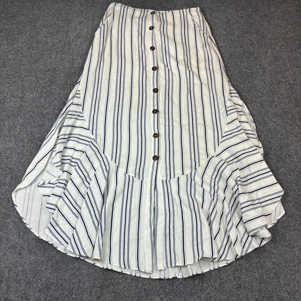 Essue Blue White Striped Button Front Ruffle High Low Midi Skirt Small Z123-7